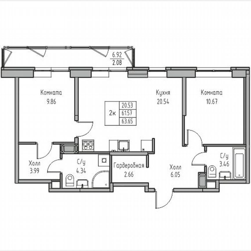 2-к. квартира, 63,7 м², 13/23 эт.