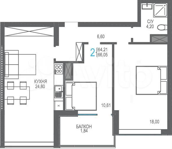 2-к. квартира, 66,1 м², 7/16 эт.
