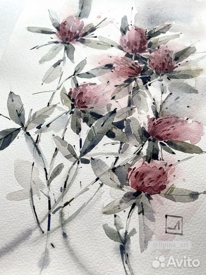 Картина акварель цветы клевер живопись