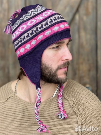 Мужская шапка двусторонняя с ушками зимняя Чульо 100% альпака цвет фуксия-росадо
