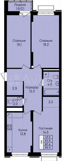 3-к. квартира, 87,4 м², 6/8 эт.