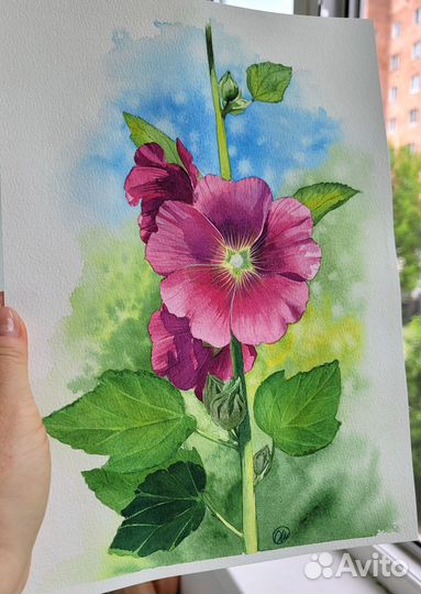 Картина акварель Яркая мальва 20х30 см