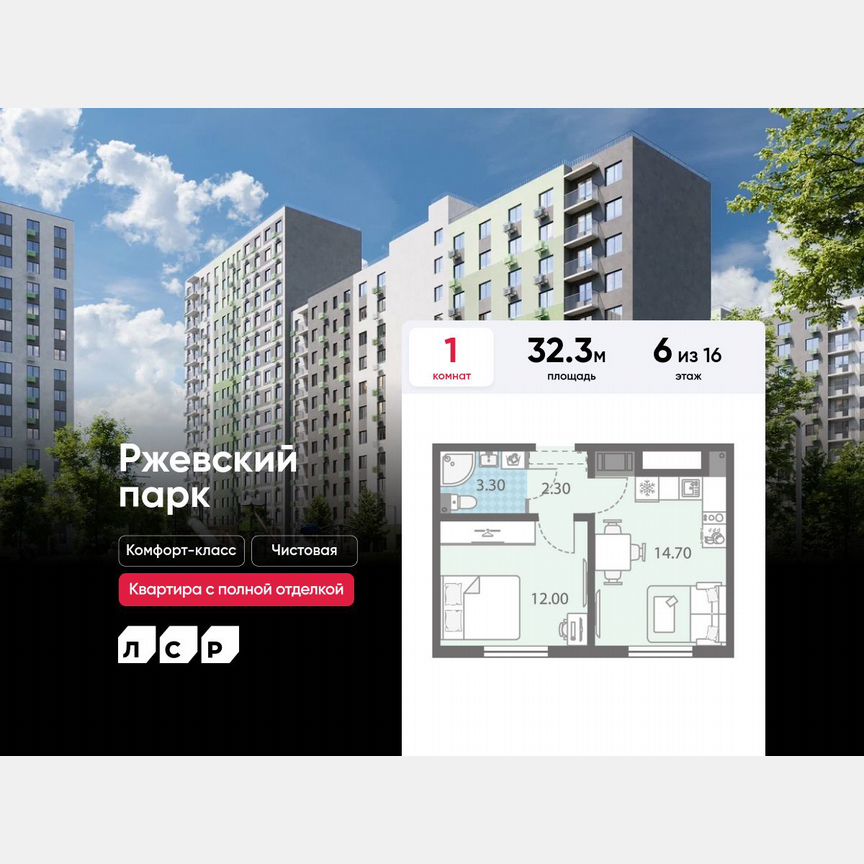 1-к. квартира, 32,3 м², 6/16 эт.