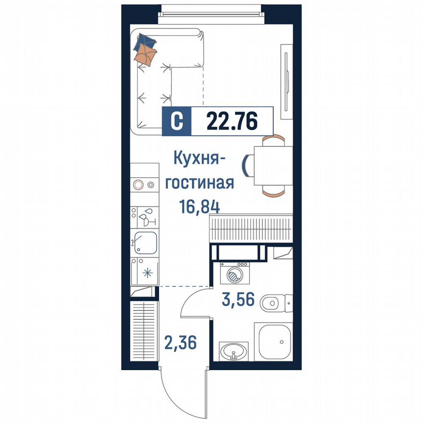 Квартира-студия, 22,8 м², 12/18 эт.