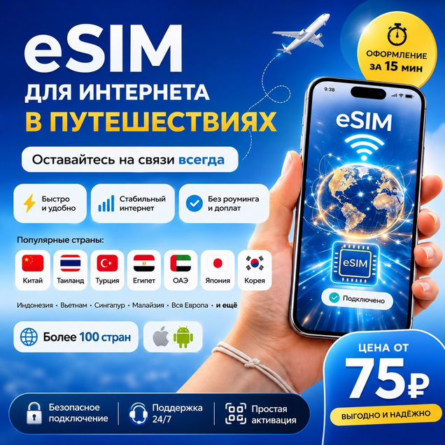 E-SIM е сим для путешествий. Все страны