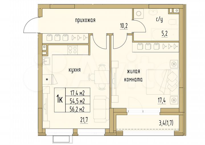 1-к. квартира, 56,2 м², 2/6 эт.