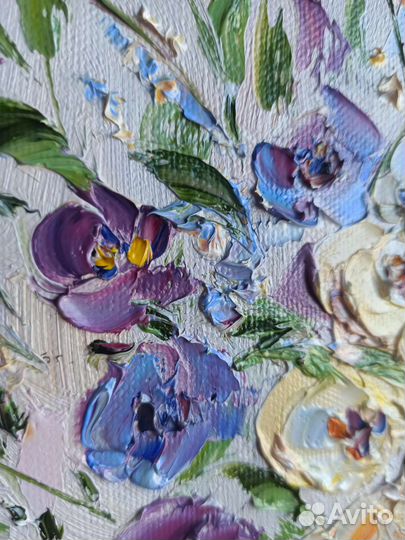 Картина маслом цветы белые фиолетовые на холсте