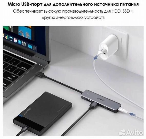 Адаптер ugreen USB A to 4-Ports USB A 3.0 Серый