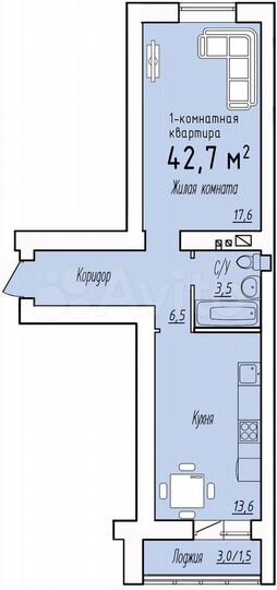1-к. квартира, 42,7 м², 8/9 эт.