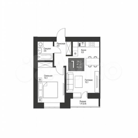 1-к. квартира, 42,6 м², 2/16 эт.