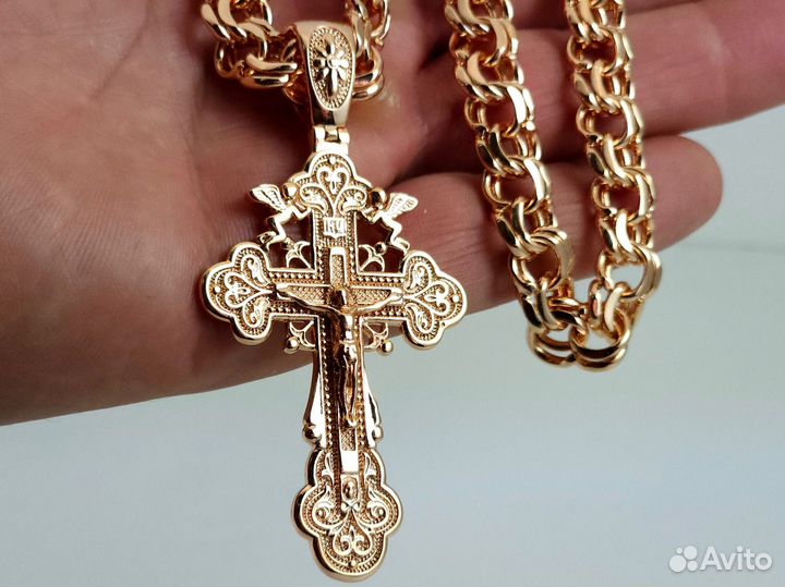 Позолоченная Цепочка Бисмарк с крестом, вес 96г