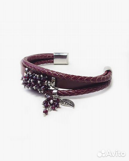 Браслет кожаный женский с бусинами Граната