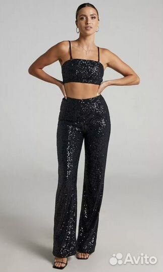 Брюки палаццо блестящие с пайетками черные 48 р