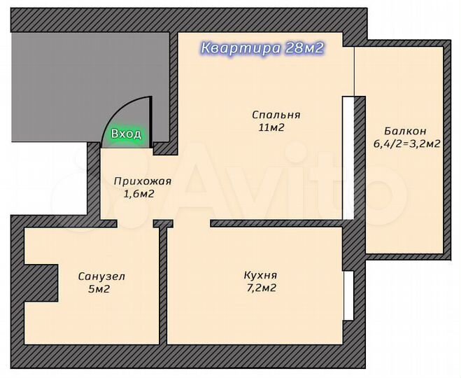 1-к. квартира, 32 м², 2/3 эт.