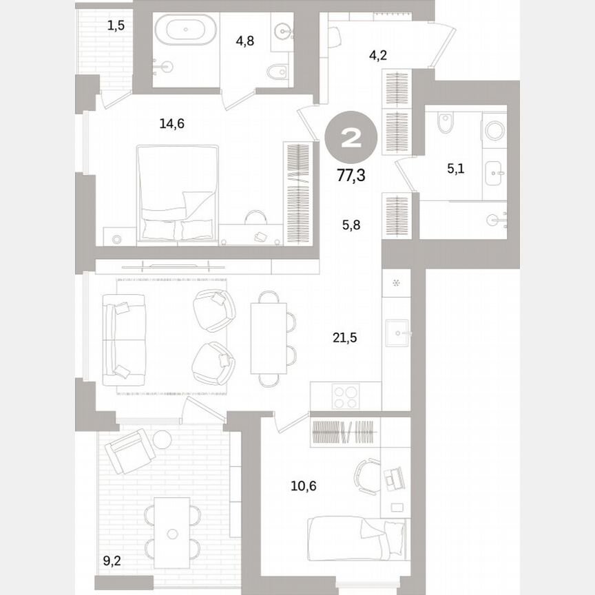 2-к. квартира, 76,8 м², 5/15 эт.