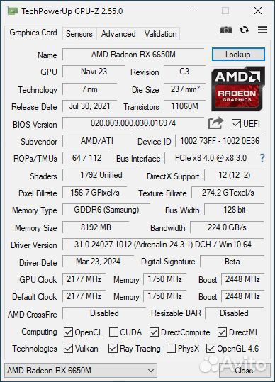 Видеокарта rx 6600m