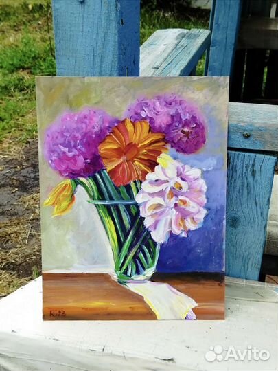 Картина маслом цветы в вазе натюрморт 40х30
