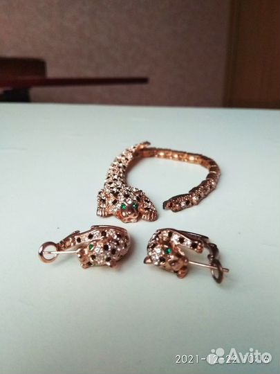 Браслет, серьги с леопардом, кольцо