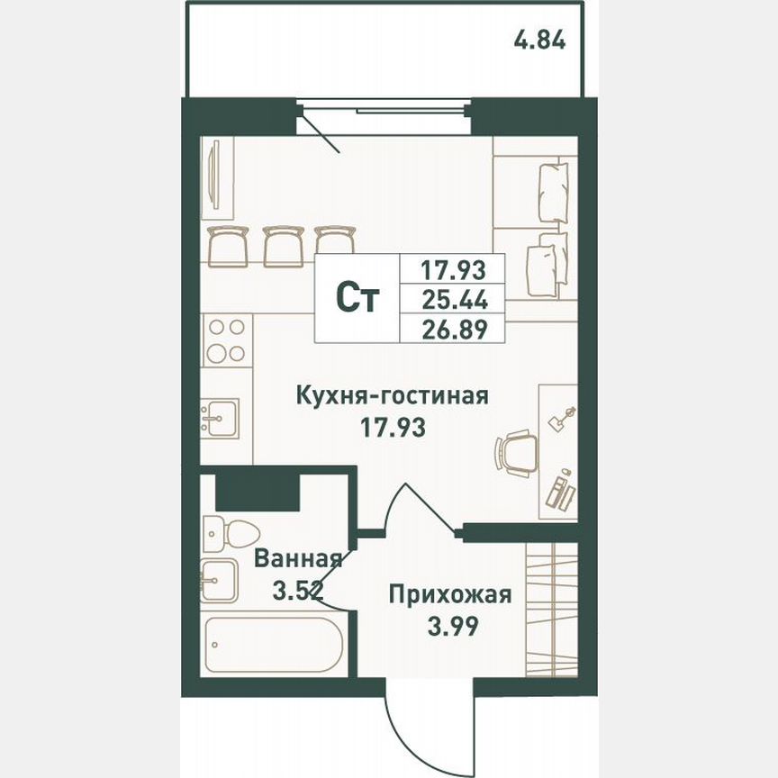 Квартира-студия, 26,9 м², 5/16 эт.