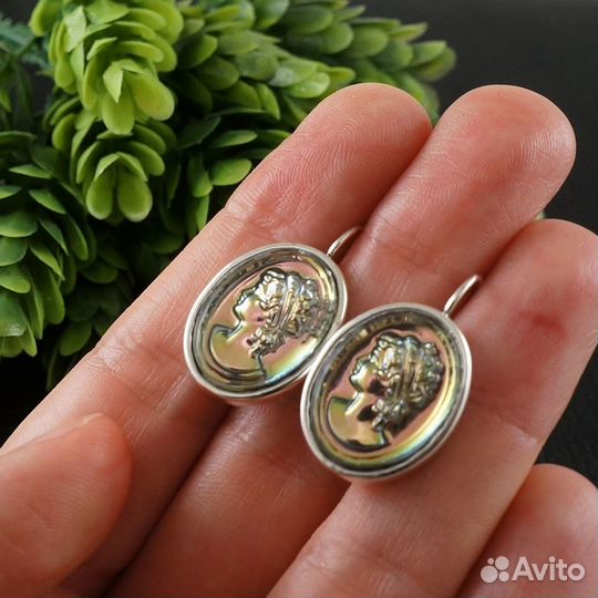 Серьги с Инталиями Камеями Дама Радужная silver