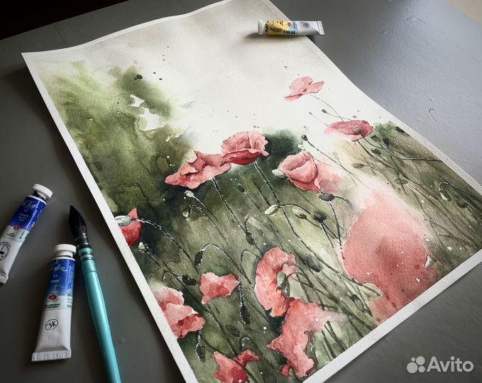 Картина цветы маки акварель 42 х 30 см