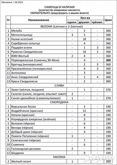 Саженцы плодовых деревьев и кустарников