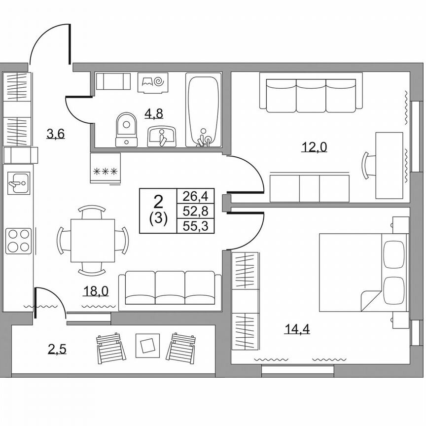 2-к. квартира, 55,3 м², 3/8 эт.