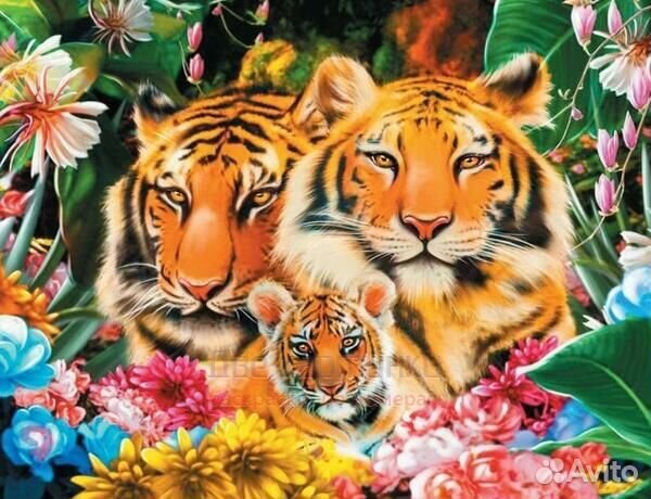 Алмазная мозаика 40x50 Семейство тигров среди ярки