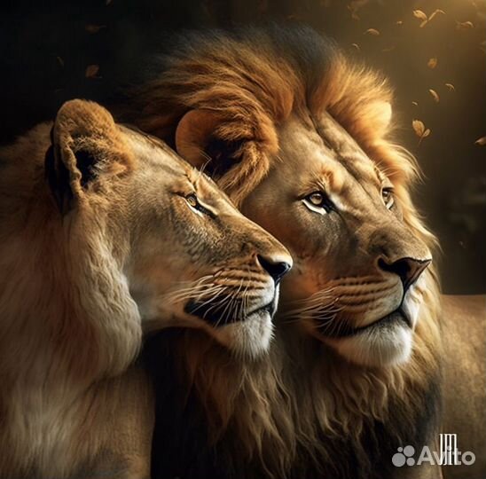 Картина лев и львица на холсте