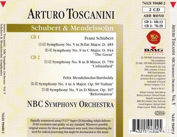 Schubert: Symphonies Nos. 5, 8 9 / Mendelssohn: Symphonies Nos. 4 5. Toscanini (2 CD)