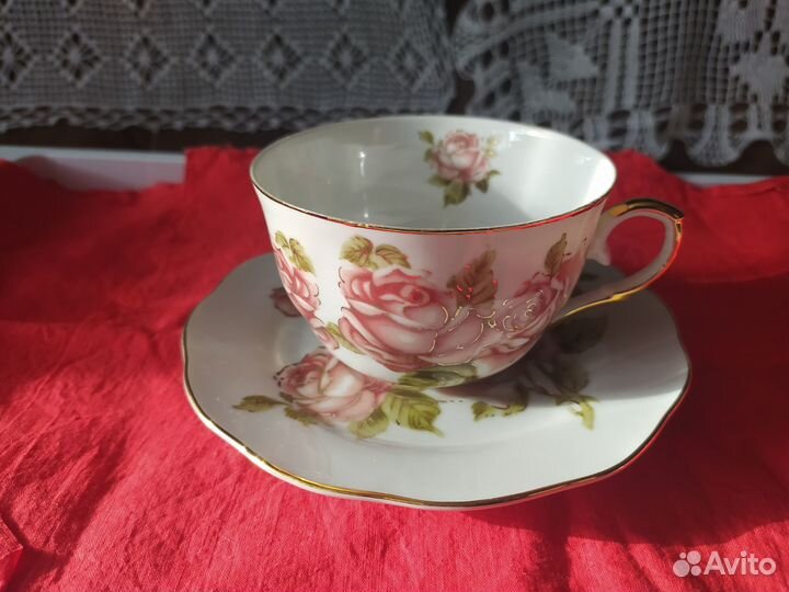 Чайная пара, костяной фарфор, корейская роза