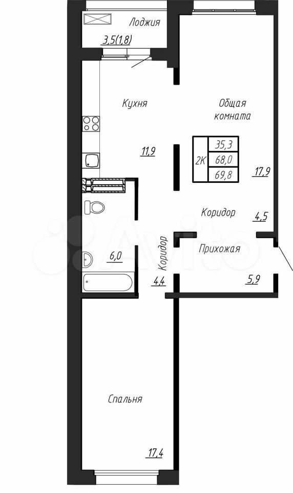 2-к. квартира, 69,8 м², 14/17 эт.