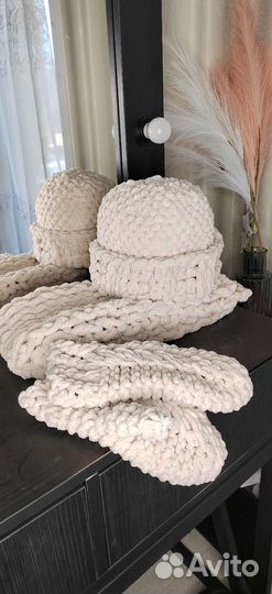 Шапка шарф варежки набор комплект женский вязанный