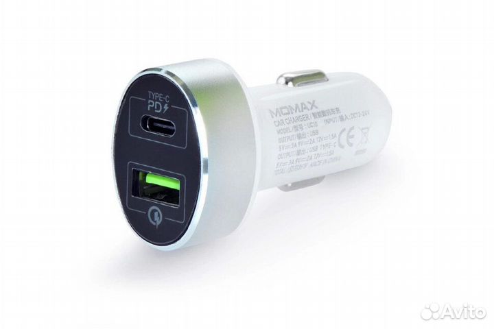 Автозарядка Momax UC10 Dual USB, Type-C PD белая