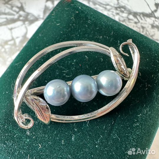 Брошь с голубым жемчугом серебро патина винтаж