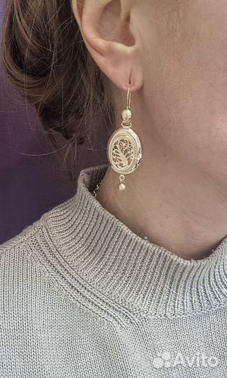 Золотые большие филигранные серьги самовары