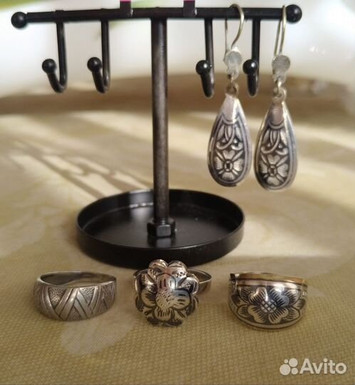 Винтажное серебро 1980е года серьги кольца