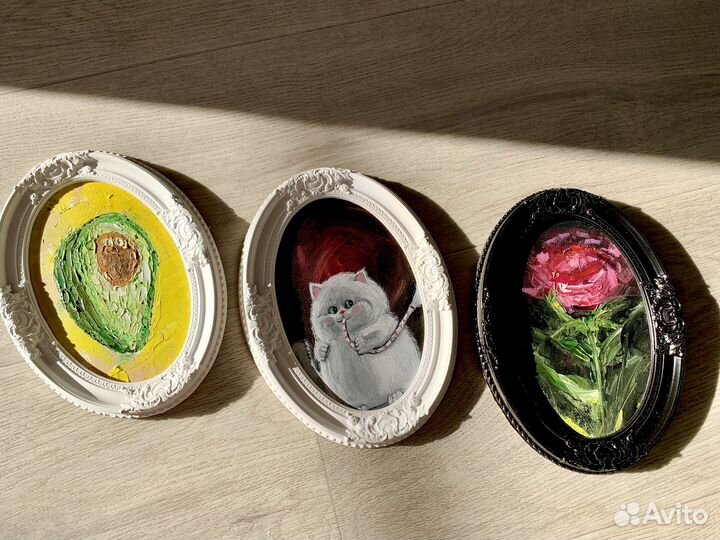 Картина маслом в рамке авокадо, импасто 14х20