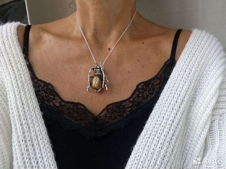 Брошь кулон подвеска натуральный тигровый глаз