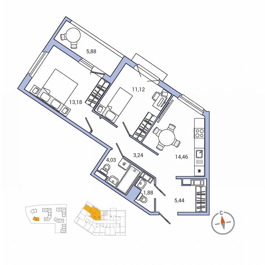 2-к. квартира, 56,3 м², 3/7 эт.
