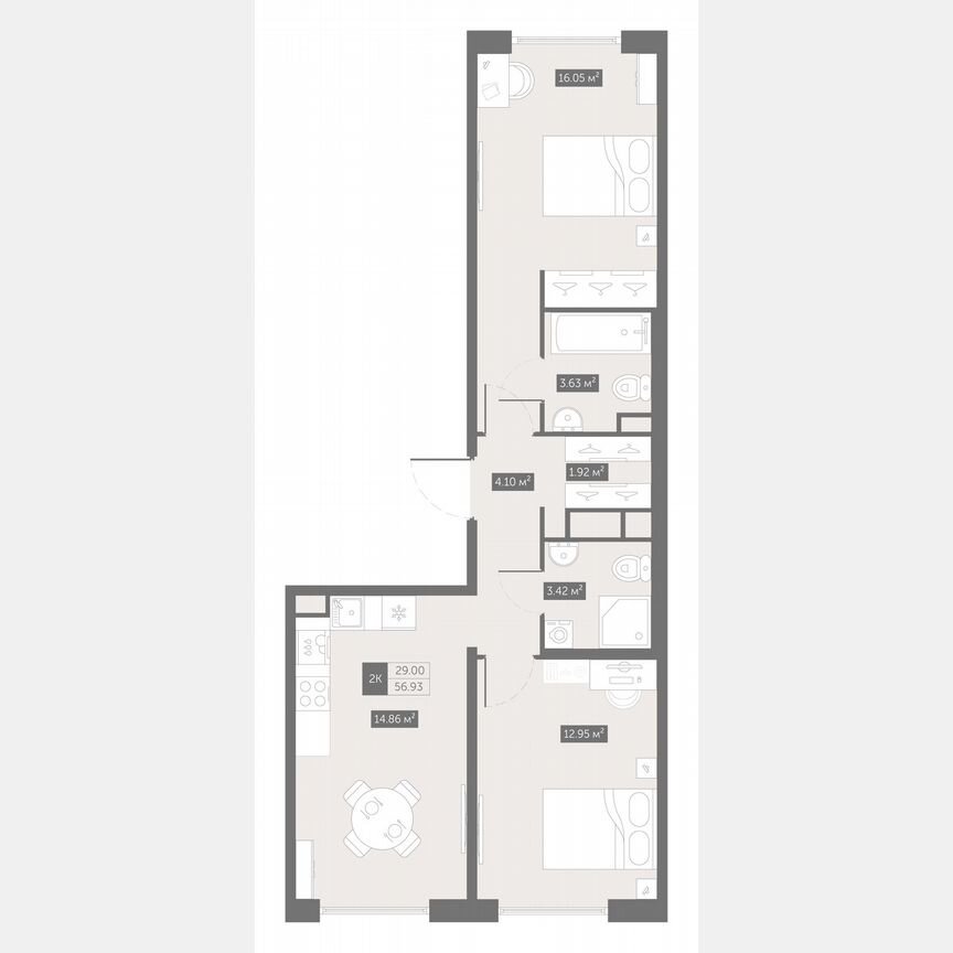 2-к. квартира, 56,9 м², 3/10 эт.