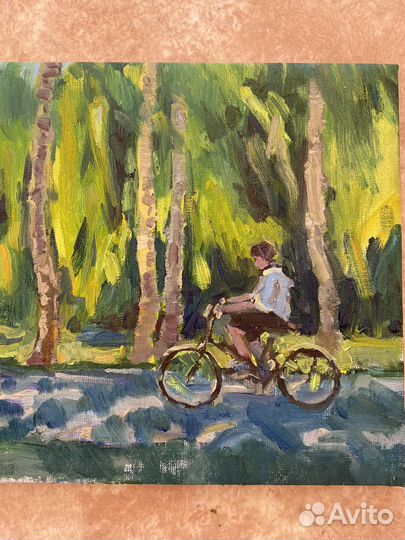 Картина маслом на холсте Велосипедист Лето березы