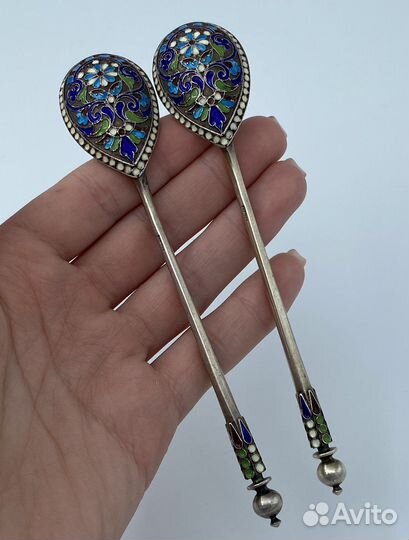 Ложки чайные пара серебро 84 проба эмаль