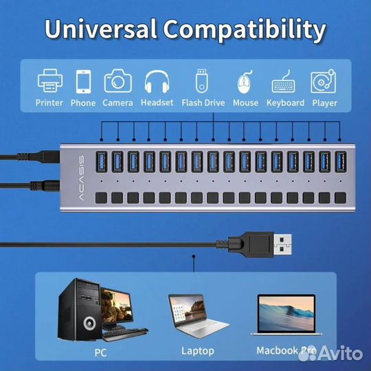 Usb 3.0 хаб 12 V7.5A 16 портов/Acasis