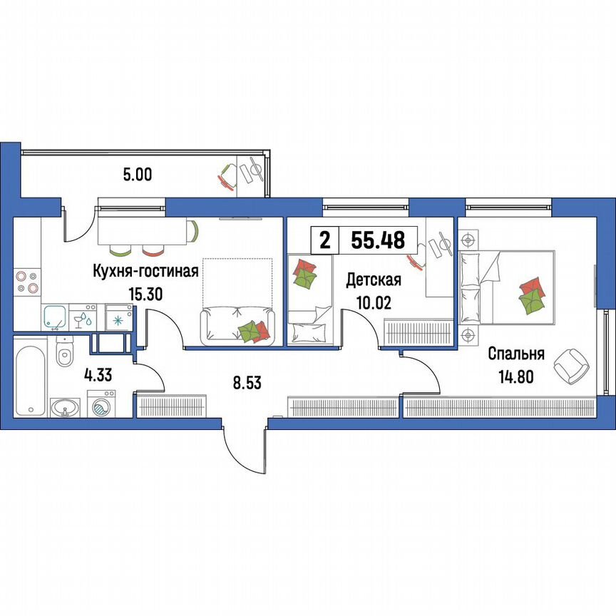 2-к. квартира, 55,5 м², 15/16 эт.