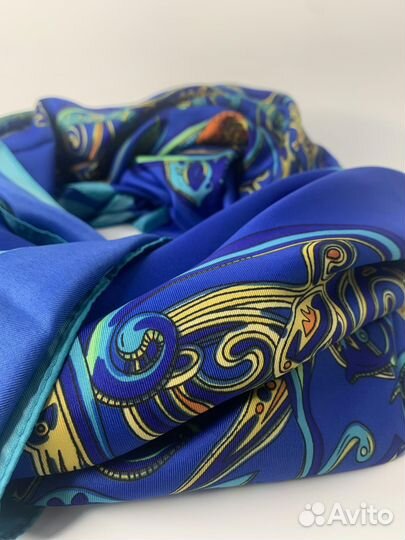 Платок Hermes/Эрмес,130х130,принт птицы синий