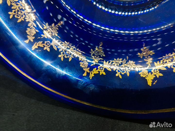 Ваза фруктовница, кобальтовое стекло с золотом