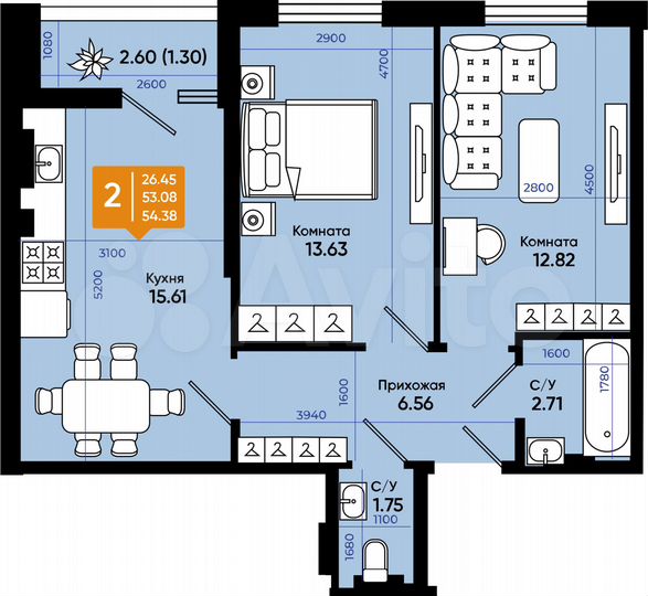 2-к. квартира, 53,7 м², 8/9 эт.