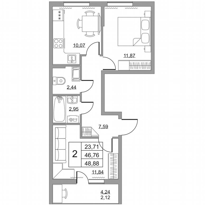 2-к. квартира, 48,9 м², 10/19 эт.