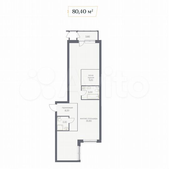 1-к. квартира, 80,4 м², 2/6 эт.